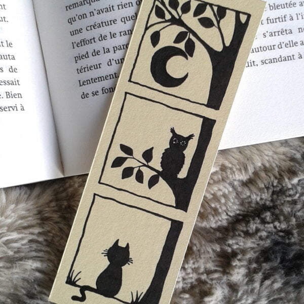 Chat et hibou dans la nuit, marque-page illustré Lysiane Binet