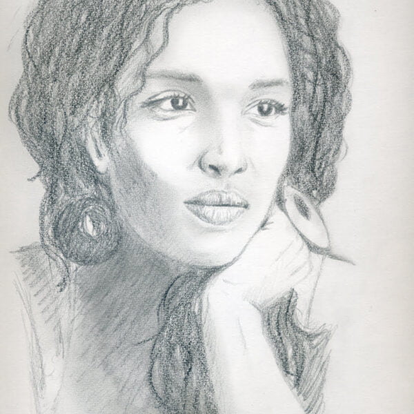 Dessin jeune femme métisse, portrait au crayon