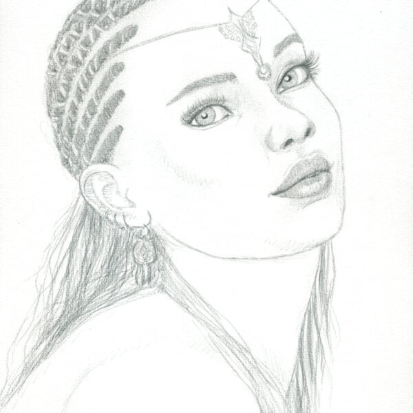 Dessin jeune fille métisse aux yeux verts, portrait au crayon