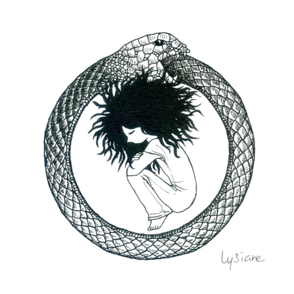 Le serpent qui se mord la queue, dessin à l'encre noir et blanc A4