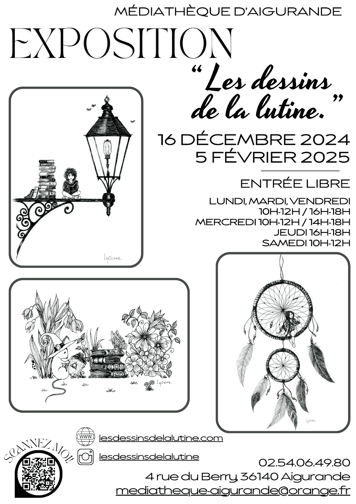 Exposition de dessins à l'encre noire, médiathèque d'Aigurande
