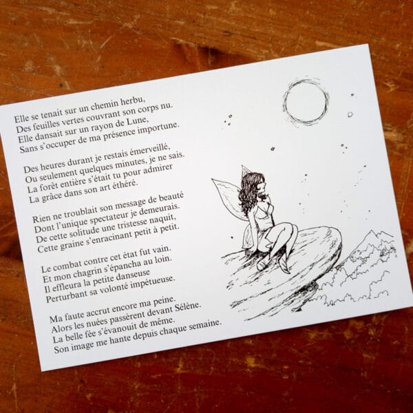 Carte postale poème, fée sous un rayon de lune