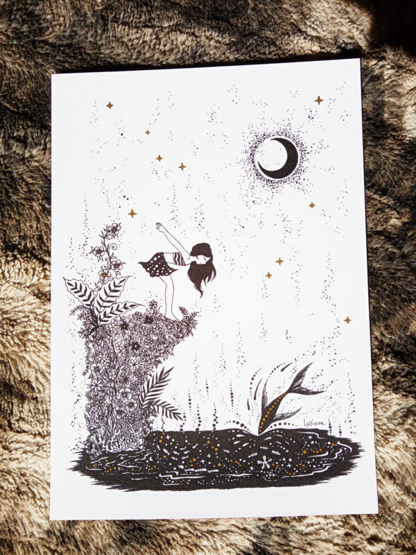 Plongée au clair de lune, dessin à l'encre avec touches de doré