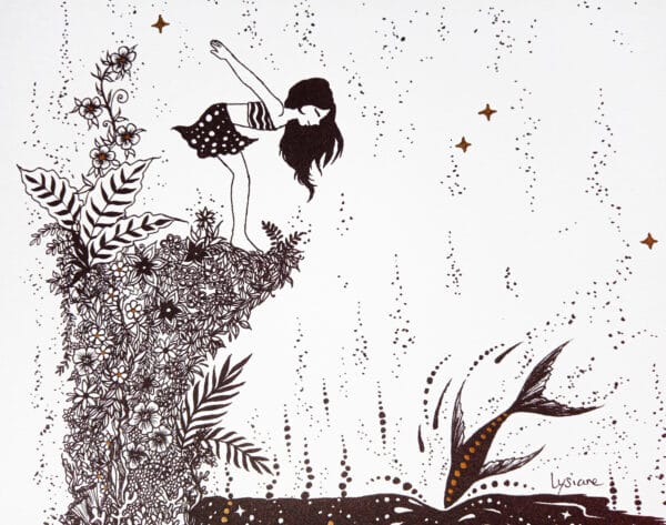 Plongée au clair de lune, dessin à l'encre avec touches de doré
