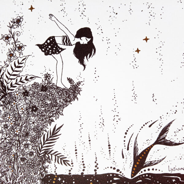 Plongée au clair de lune, dessin à l'encre avec touches de doré