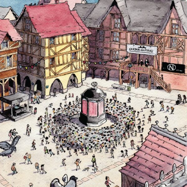 Carte postale "Grand-place" des Aventures de Fleur et Adam, Valentin Desfemmes