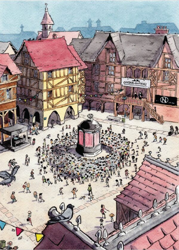 Carte postale "Grand-place" des Aventures de Fleur et Adam, Valentin Desfemmes