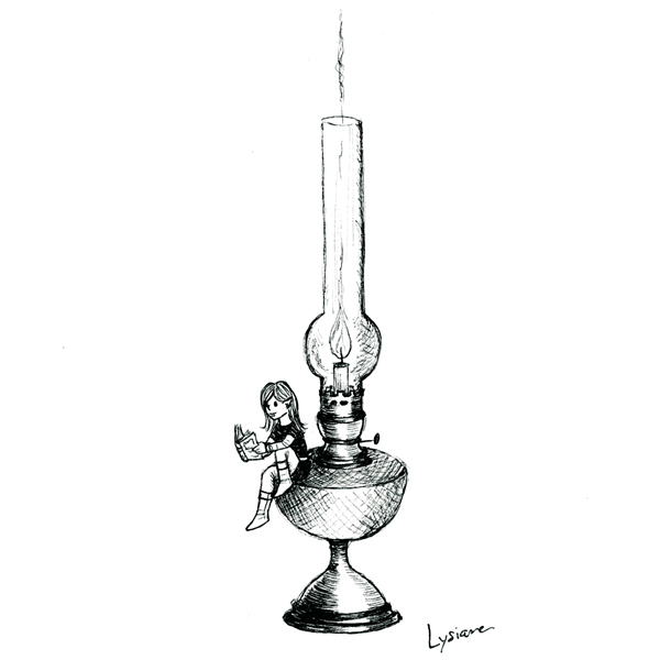 Lecture au coin du feu, dessin original Lysiane Binet