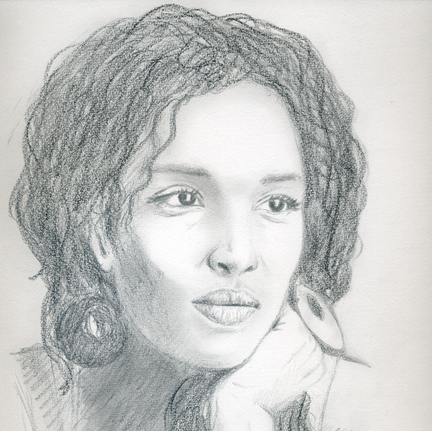 Portrait réaliste au crayon, jeune femme métisse