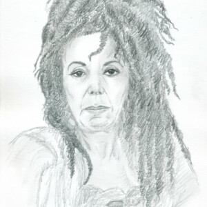 Joëlle Sevilla / Dame Séli, portrait au crayon d'après photo, par Lysiane Binet