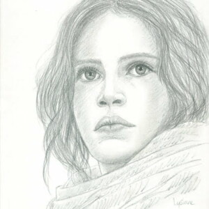 Felicity Jones, portrait au crayon d'après photo, par Lysiane Binet