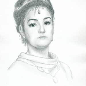 Anne Girouard / Guenièvre, portrait au crayon d'après photo, par Lysiane Binet