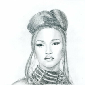 Katoucha Niane, portrait au crayon d'après photo, par Lysiane Binet