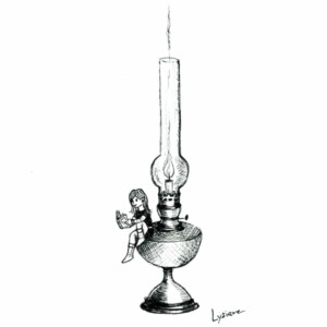 Lecture au coin du feu, dessin noir et blanc Lysiane Binet