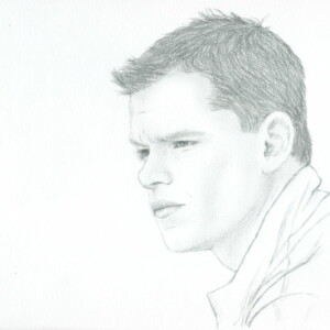 Matt Damon, portrait au crayon d'après photo, par Lysiane Binet