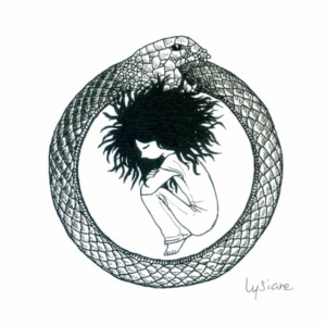 Le serpent qui se mord la queue, dessin noir et blanc Lysiane Binet