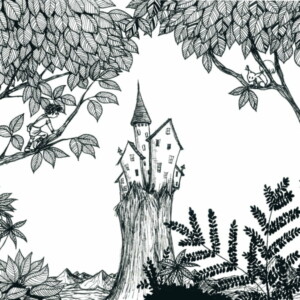 Demeure enchantée, dessin noir et blanc Lysiane Binet