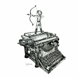 L'écriture, une arme, dessin à l'encre noir et blanc A4 Lysiane Binet