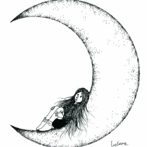 Pensées dans la lune, dessin noir et blanc Lysiane Binet