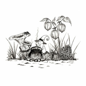 Souris sorcière d'automne, dessin à l'encre Lysiane Binet