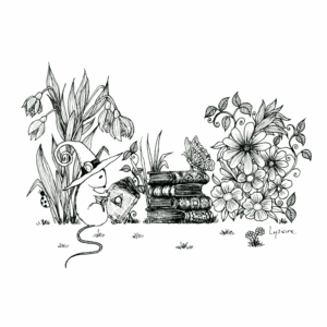Souris sorcière de printemps, dessin à l'encre Lysiane Binet
